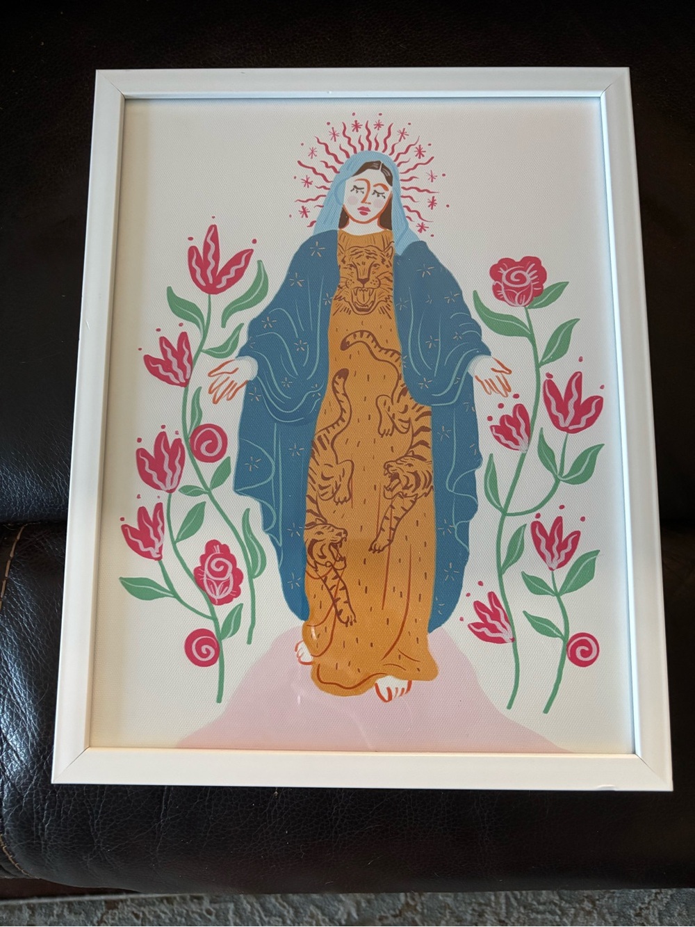 Madonna with Tiger Robe with Florals Art Print